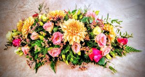Coffin spray pink and orange. Funeral Flowers in Sunderland